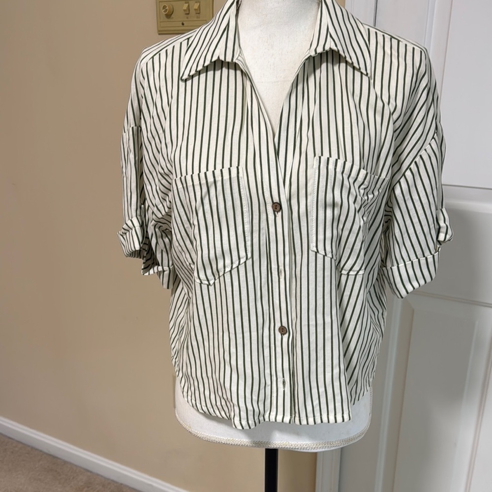 Zara Green and White Striped Button Down Shirt